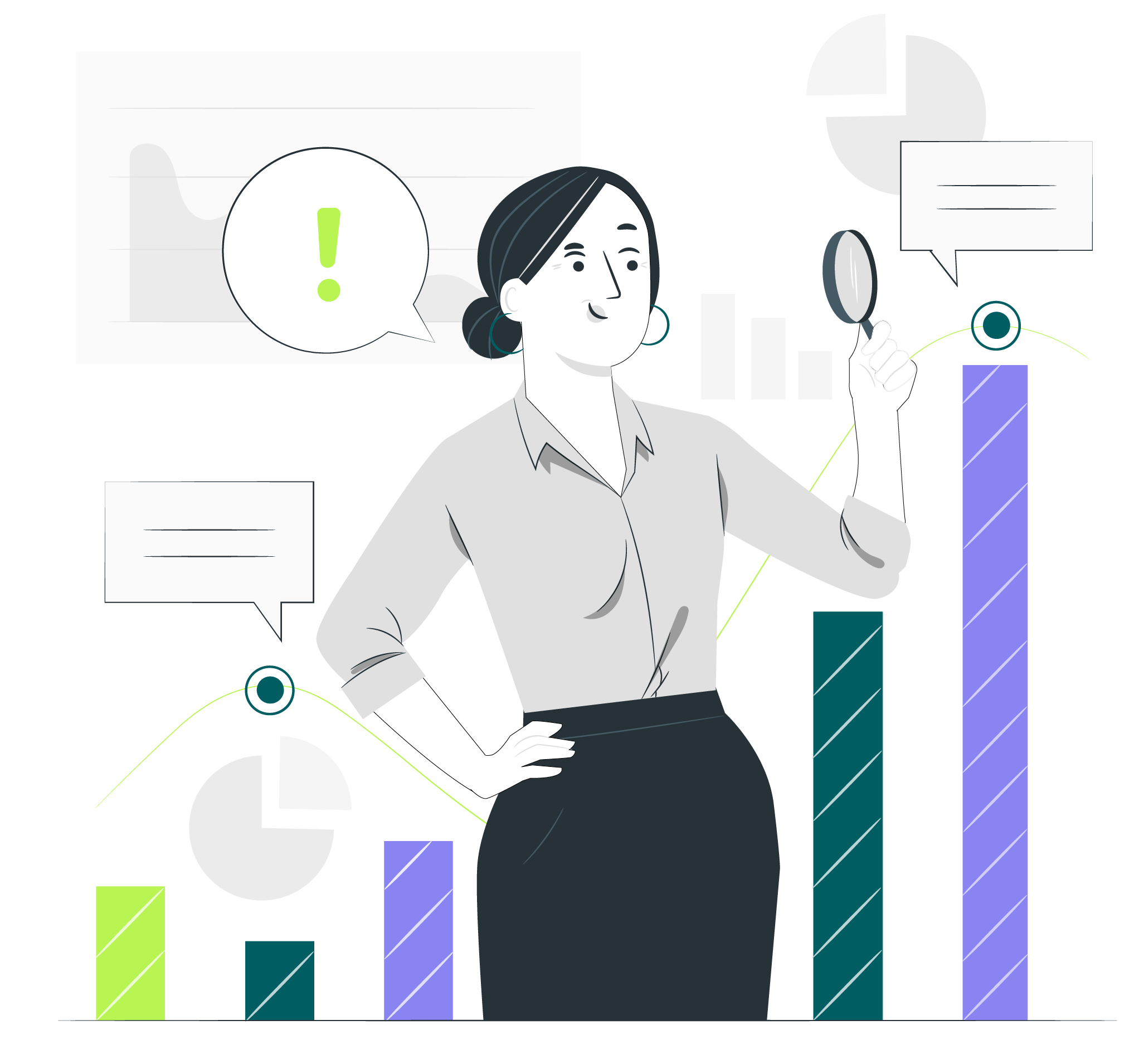 Une analyste examine des graphiques à l’aide d’une loupe, symbolisant la recherche d’insights et l’interprétation des données pour la prise de décision.