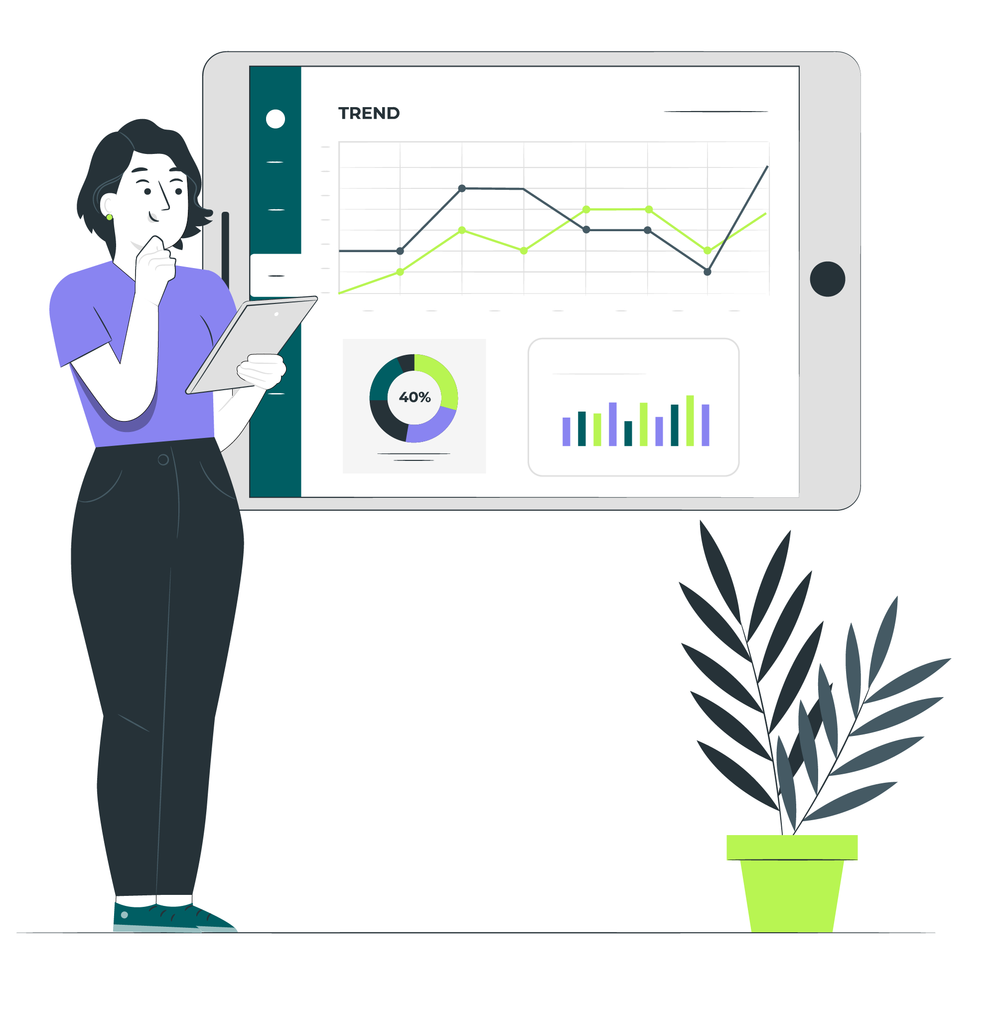Une collaboratrice consulte une tablette affichant des graphiques et indicateurs de performance, illustrant l’analyse des tendances et la prise de décision.