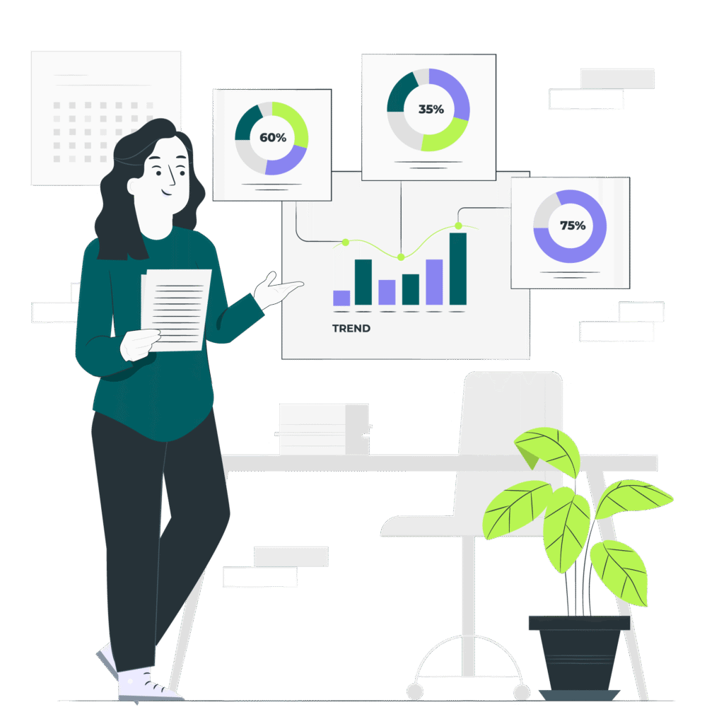 Une collaboratrice présente des graphiques et diagrammes circulaires dans un bureau, illustrant l’analyse des performances et le suivi des tendances.