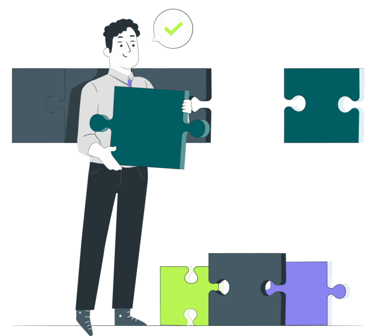 Un collaborateur tient une grande pièce de puzzle prête à être assemblée, symbolisant la recherche de solutions et l’intégration dans un projet collectif.