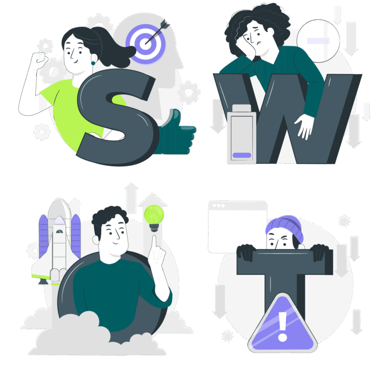 Illustration du modèle SWOT représentant les forces, faiblesses, opportunités et menaces, symbolisées par des personnages interagissant avec les lettres S, W, O et T.