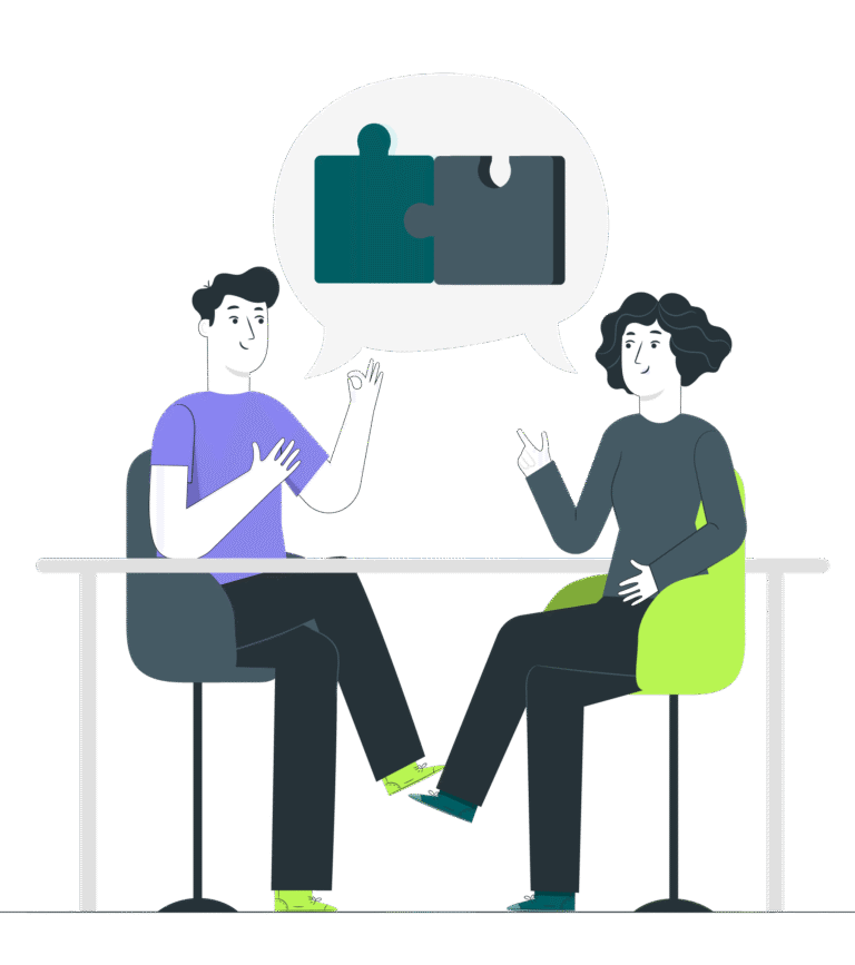 Deux collègues échangent autour d’une table, évoquant des pièces de puzzle dans une bulle de dialogue, symbolisant la collaboration et la recherche de solutions communes.