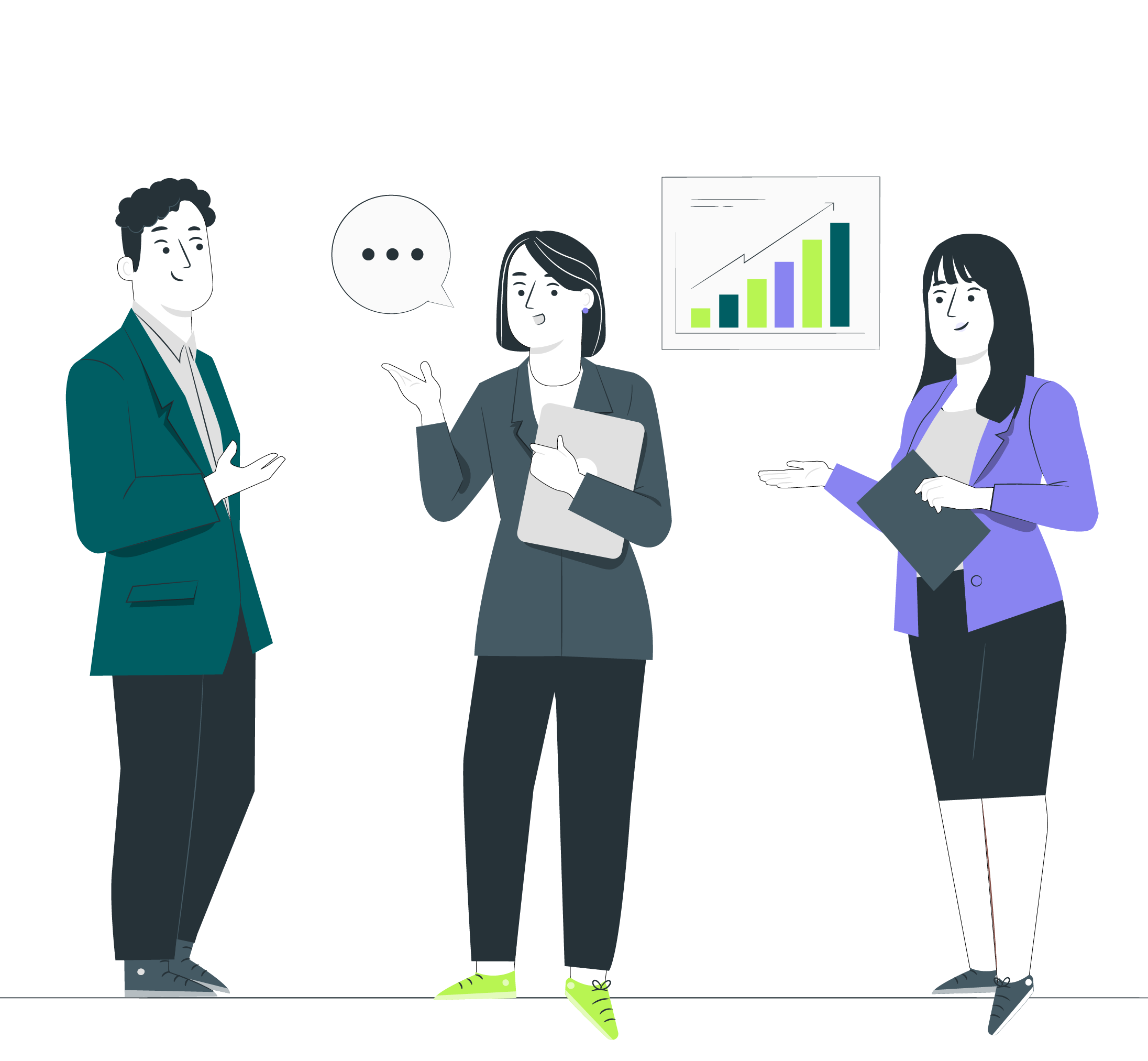 Trois collaborateurs discutent devant un graphique en croissance, symbolisant la collaboration et le partage d’idées autour des résultats.