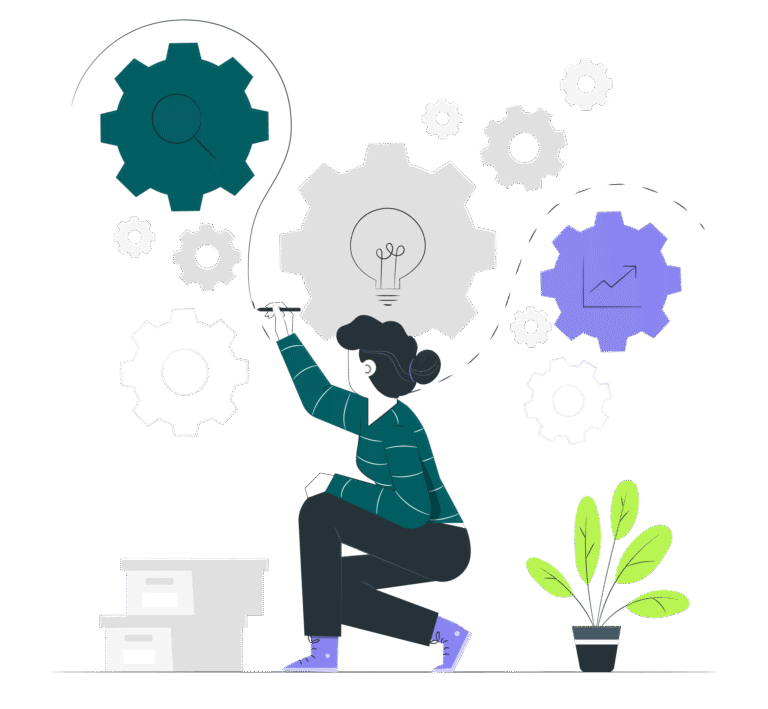 Une collaboratrice interagit avec des engrenages symbolisant les processus, l’innovation et l’optimisation organisationnelle.