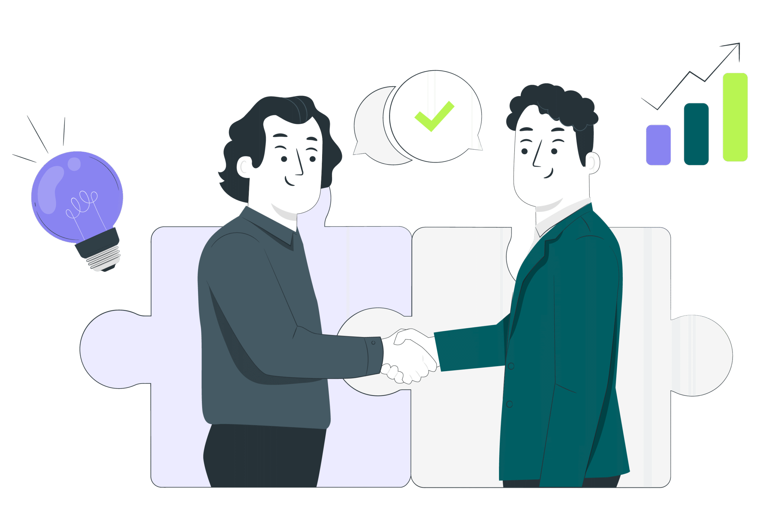 Deux professionnels se serrent la main devant des pièces de puzzle assemblées, représentant un partenariat réussi et une collaboration stratégique.