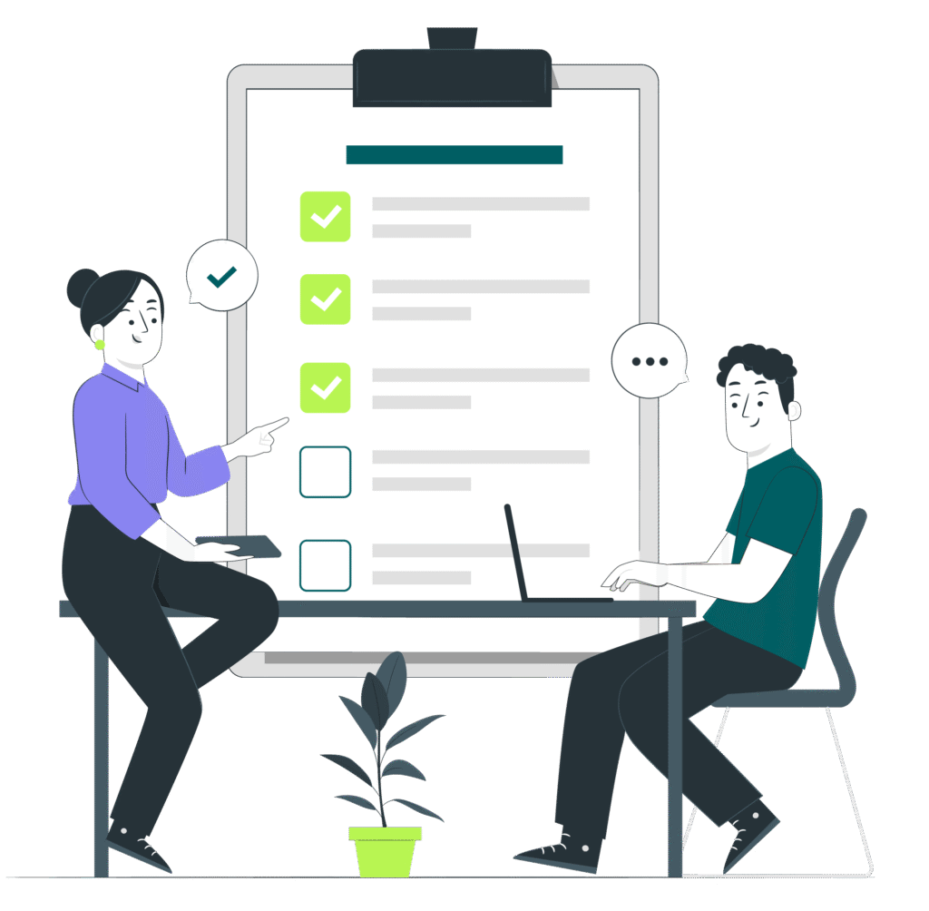 Deux collaborateurs discutent devant une grande checklist, illustrant la planification, le suivi de projet et la gestion des priorités.