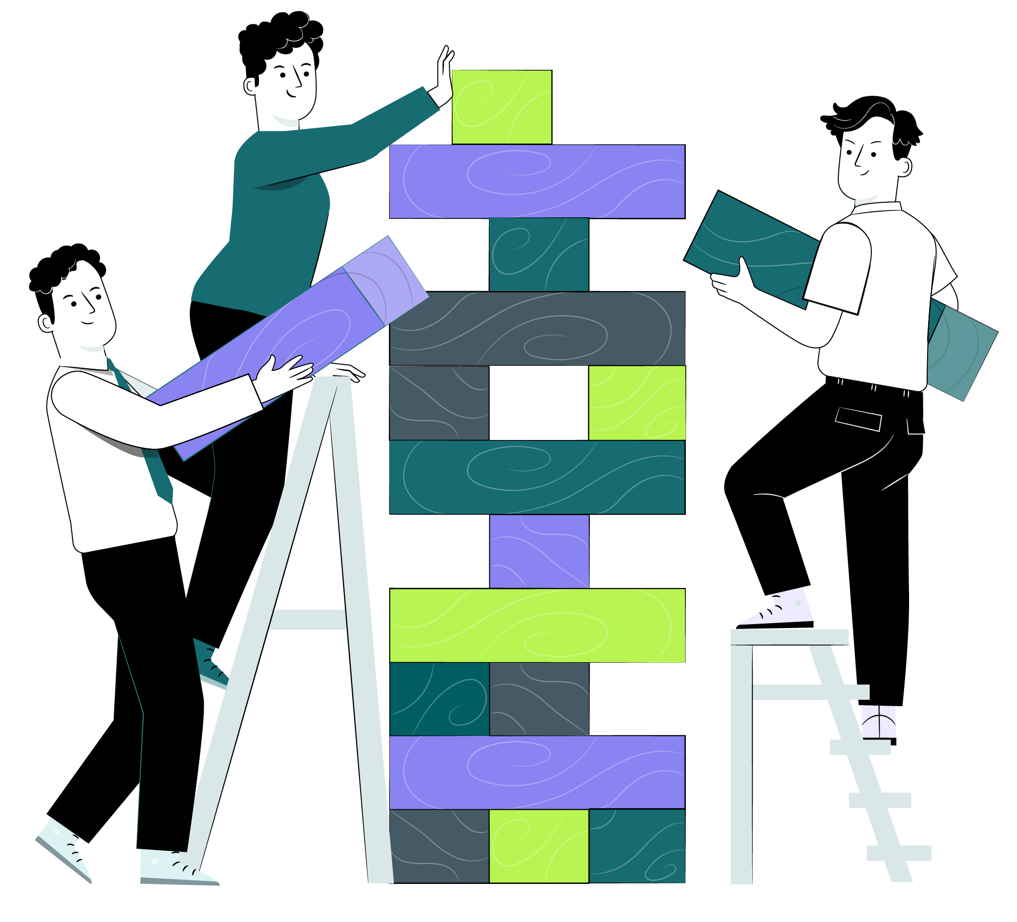 Trois collaborateurs construisent ensemble une tour de blocs colorés, représentant la coopération, la coordination et la construction d’un projet commun.